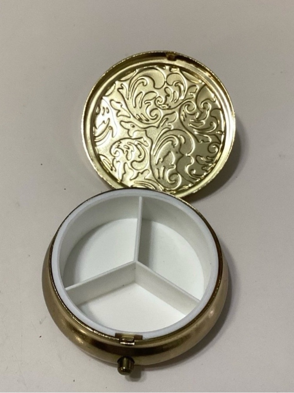 Vintage Pill Box 2" container 3 compartment Gold Philigree
